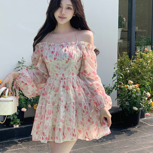 Women summer one-shoulder floral chiffon dress with waist LL-720