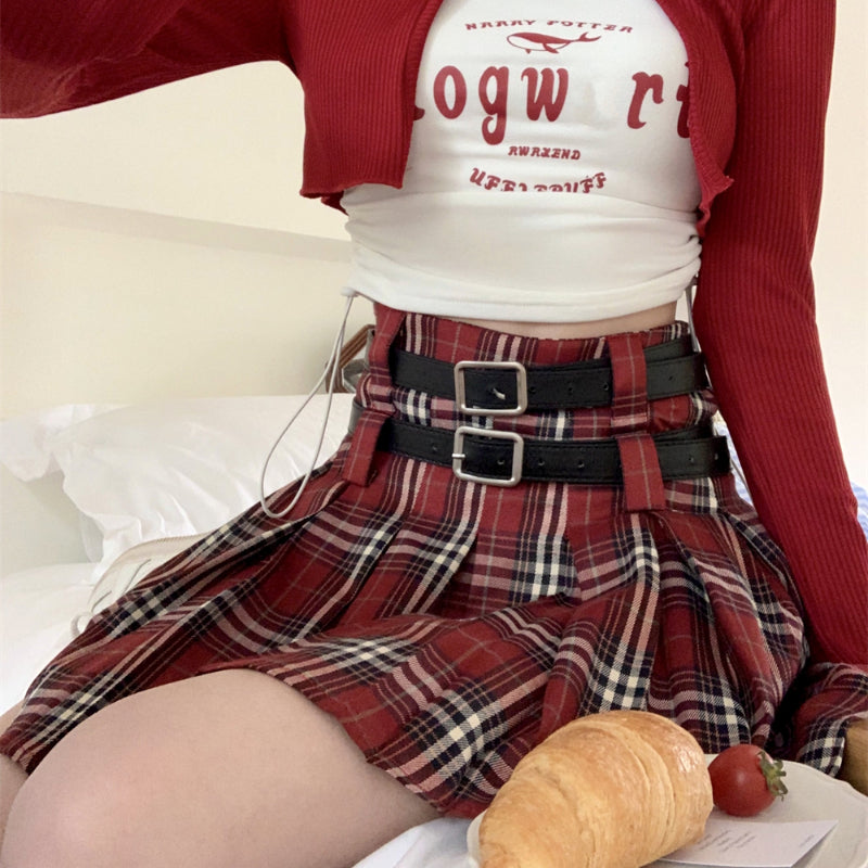 Spring/Summer Retro College Style Red Plaid Pleated Skirt Half Skirt Girl LL-456