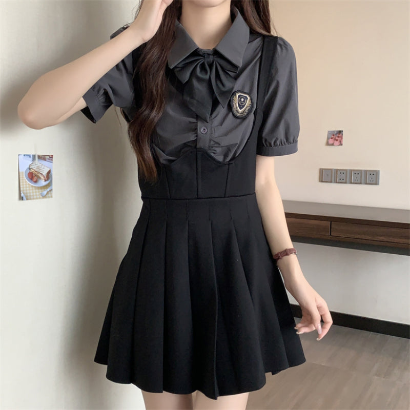 Polo collar short-sleeved shirt top A-line strap skirt two-piece college suit LL-551