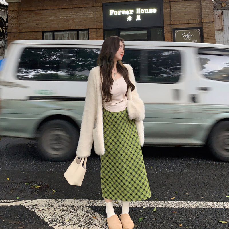 Korean green checked skirt women's autumn 2023 new A-line long dress LL-621