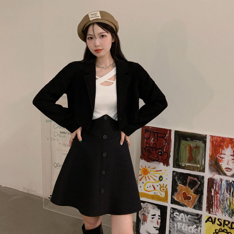 Short blazer, women's fashion suit, high-waisted skirt two-piece LL-576