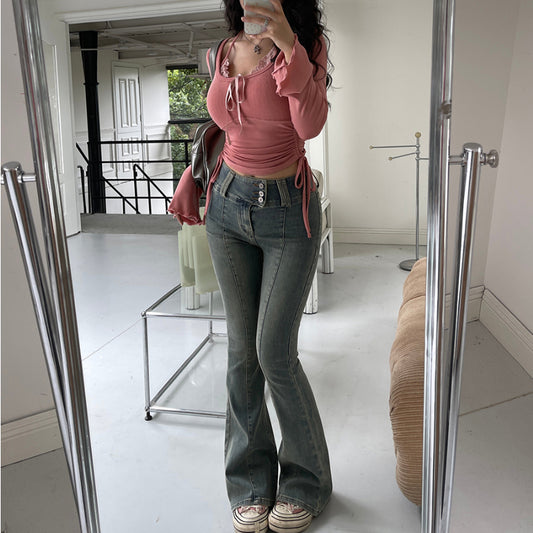 Slightly plump, high waisted, three breasted, slim fitting, straight tube, slightly flared elastic jeans for women LL-537