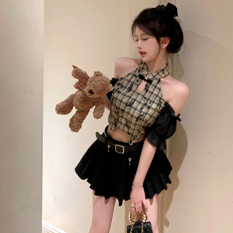 New Chinese Vintage Checkered Short Sleeve Shirt Women's Summer Short Top LL-506