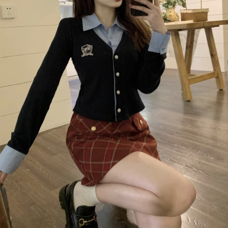 College style set fake two polo neck long sleeved shirt plaid skirt LL-429