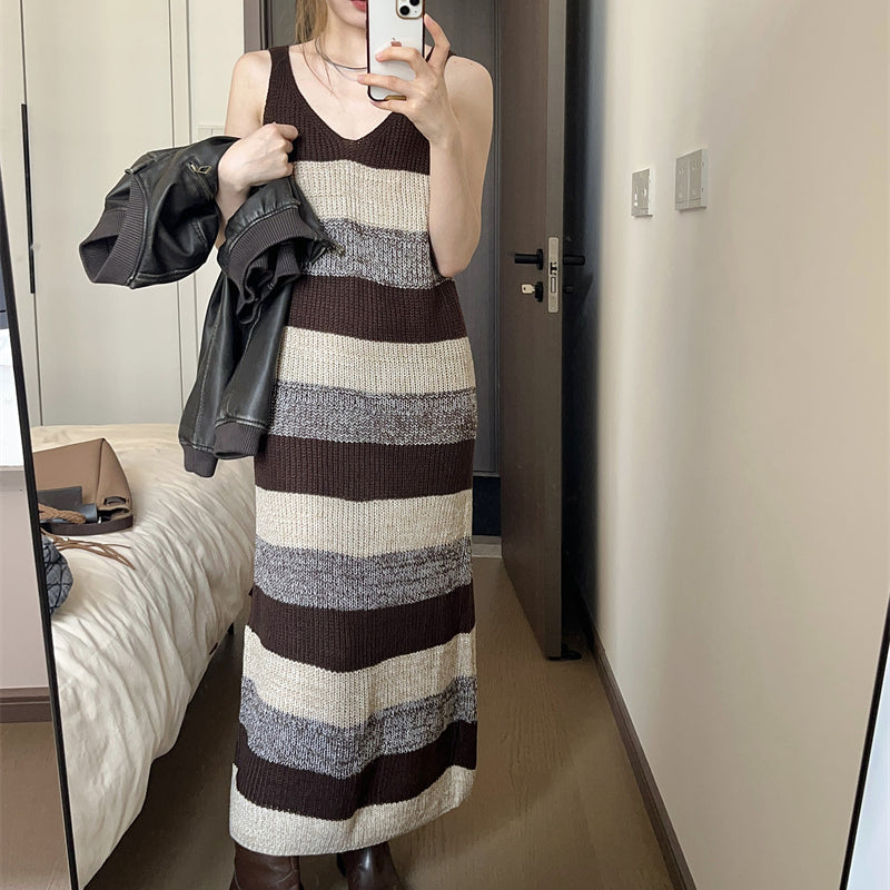 Pure Lust Stripe Sleeveless Knitted Dress Women's Autumn New Style LL-463