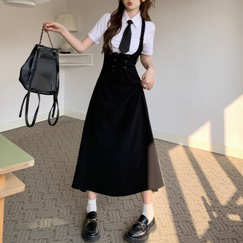 College suit summer new polo collar white shirt black dress LL-BYY-145