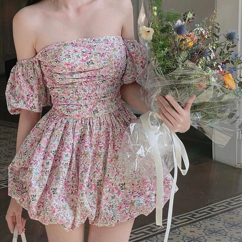 Flower bud dress pink grayish green cute dress LL-515