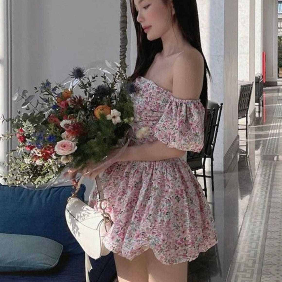 Flower bud dress pink grayish green cute dress LL-515