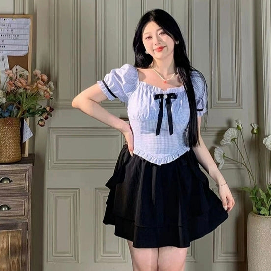 School style two piece set black shirt + skirt cute LL-554