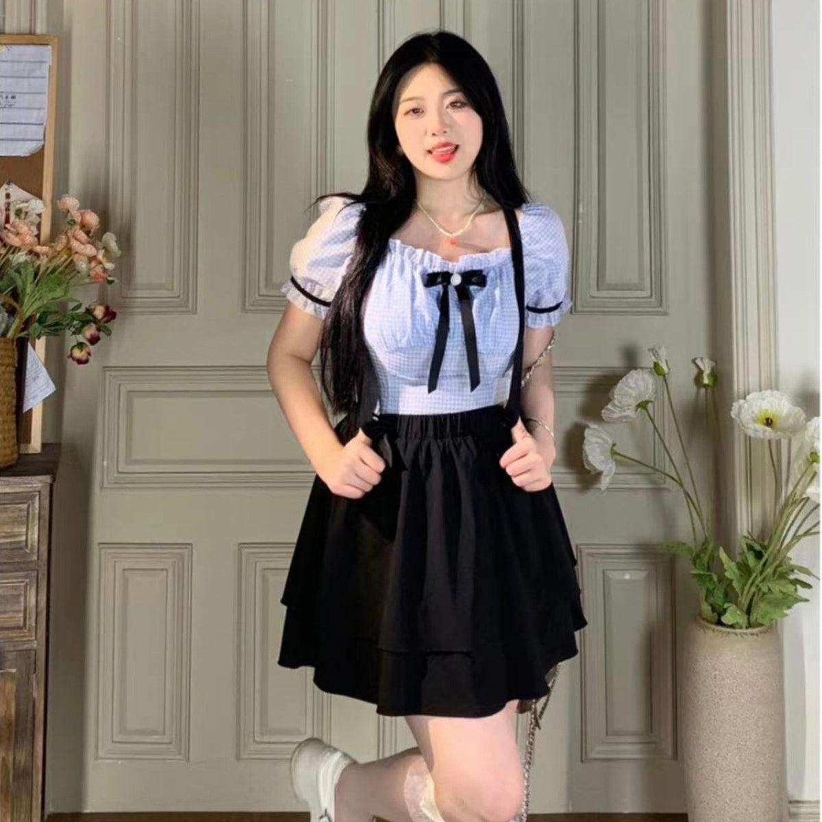 School style two piece set black shirt + skirt cute LL-554