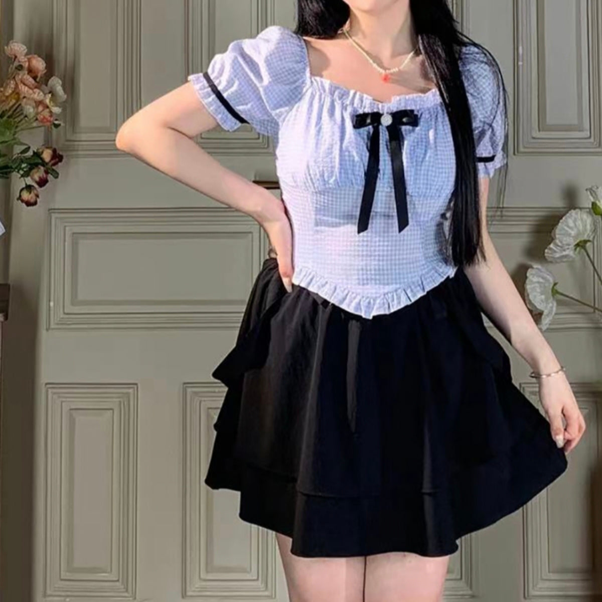 School style two piece set black shirt + skirt cute LL-554