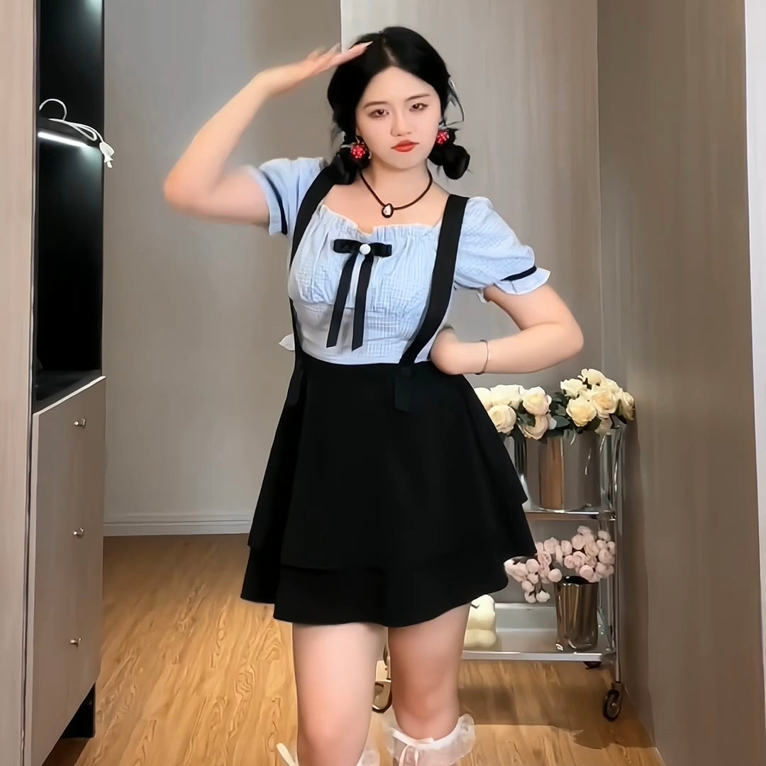 School style two piece set black shirt + skirt cute LL-554