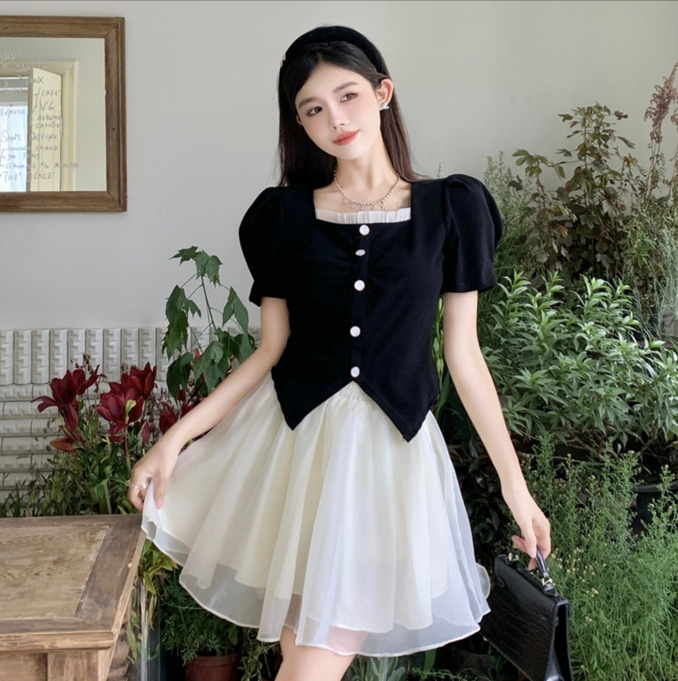 Black White Yarn Pearl Princess Style Dress LL-555