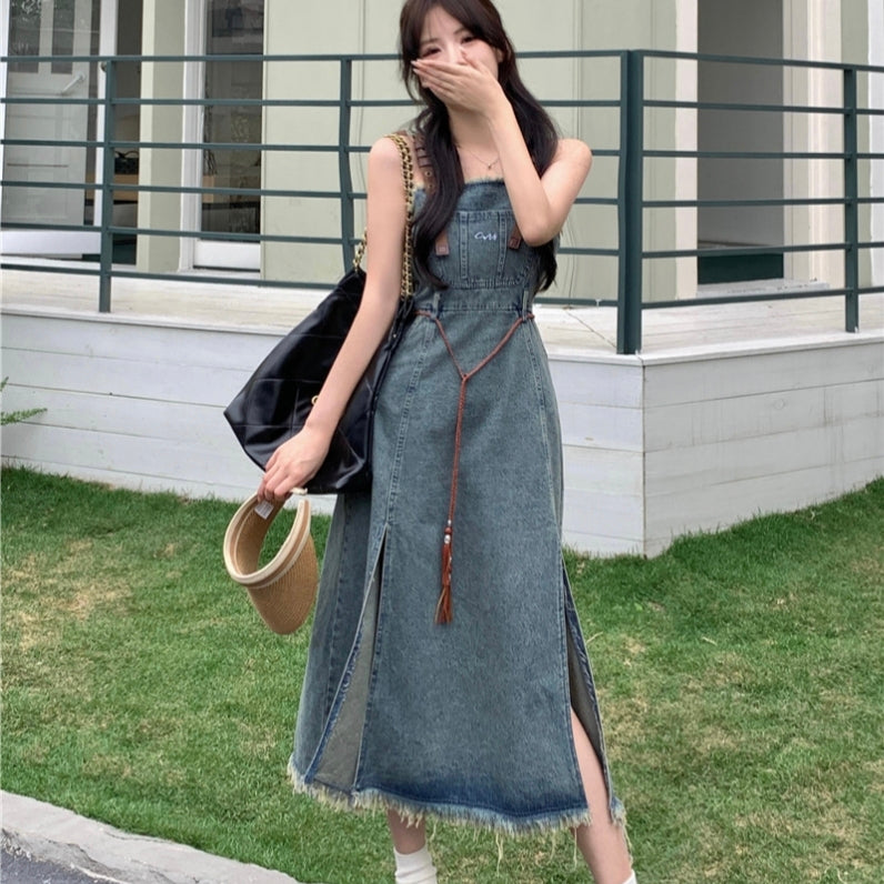 Denim strap slit lazy style dress versatile and casual LL-556