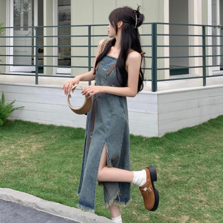 Denim strap slit lazy style dress versatile and casual LL-556