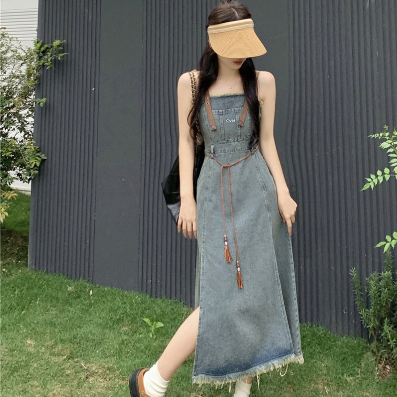 Denim strap slit lazy style dress versatile and casual LL-556