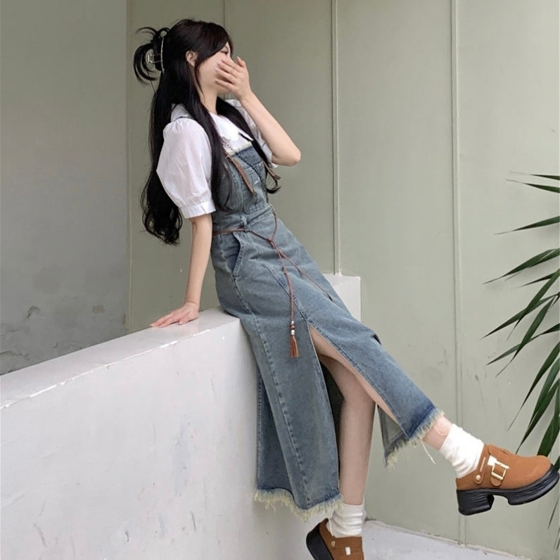 Denim strap slit lazy style dress versatile and casual LL-556