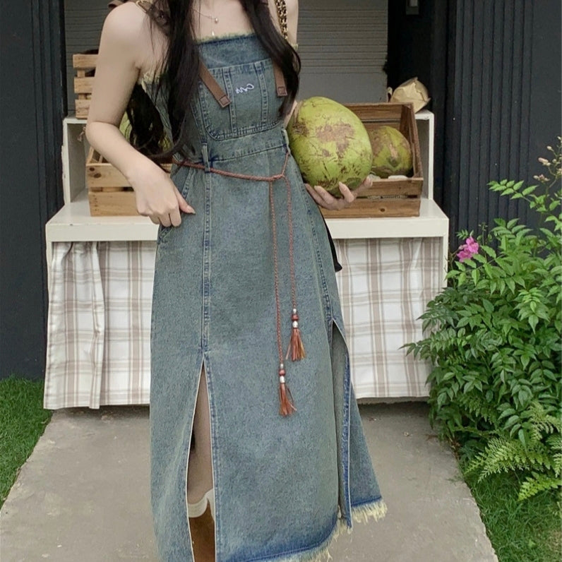 Denim strap slit lazy style dress versatile and casual LL-556