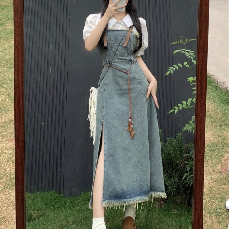 Denim strap slit lazy style dress versatile and casual LL-556