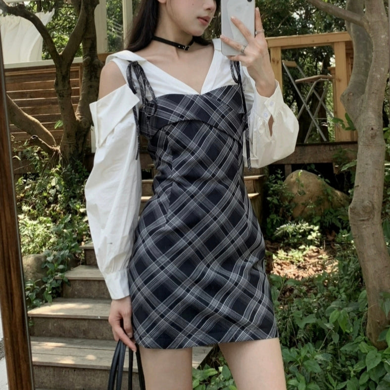 Early fall school style dress black white fake two piece set dress LL-582