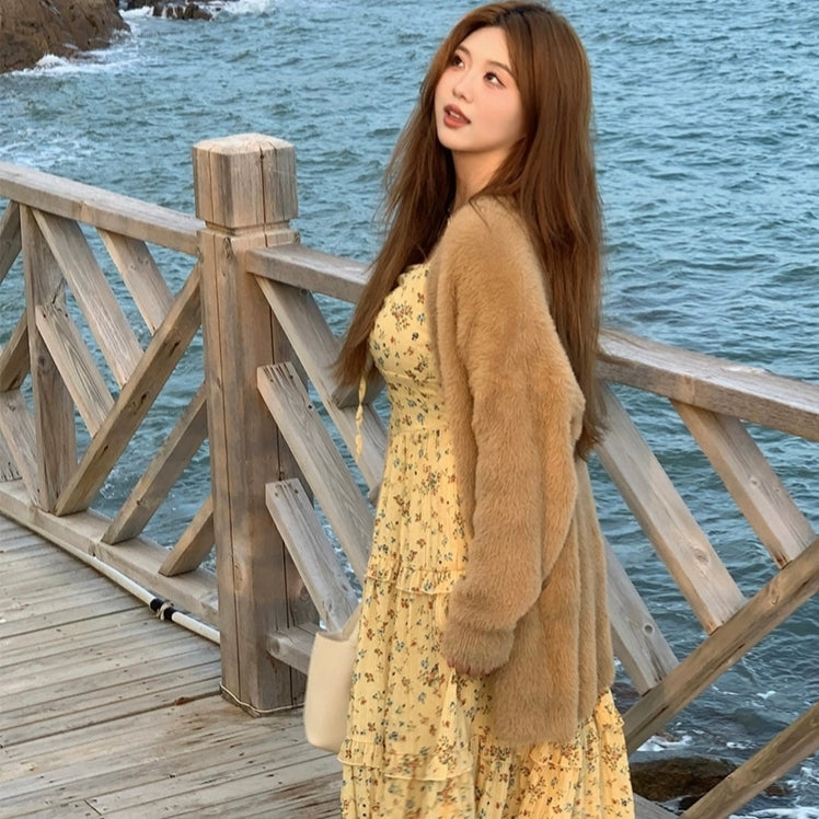 Brown coat & floral yellow dress seaside style fall outfit LL-618