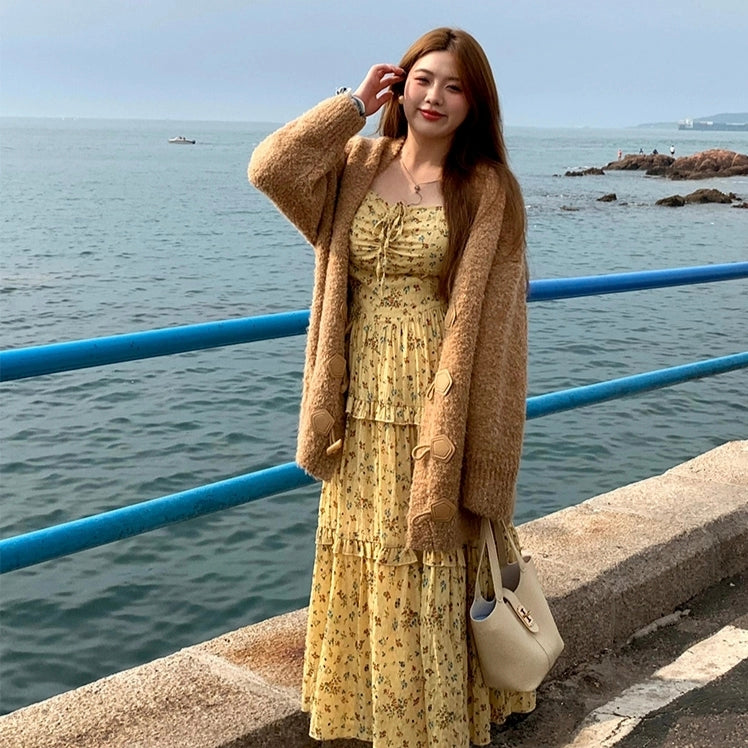 Brown coat & floral yellow dress seaside style fall outfit LL-618