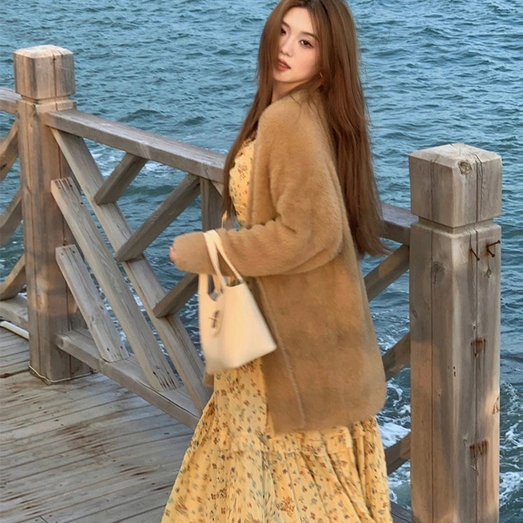 Brown coat & floral yellow dress seaside style fall outfit LL-618