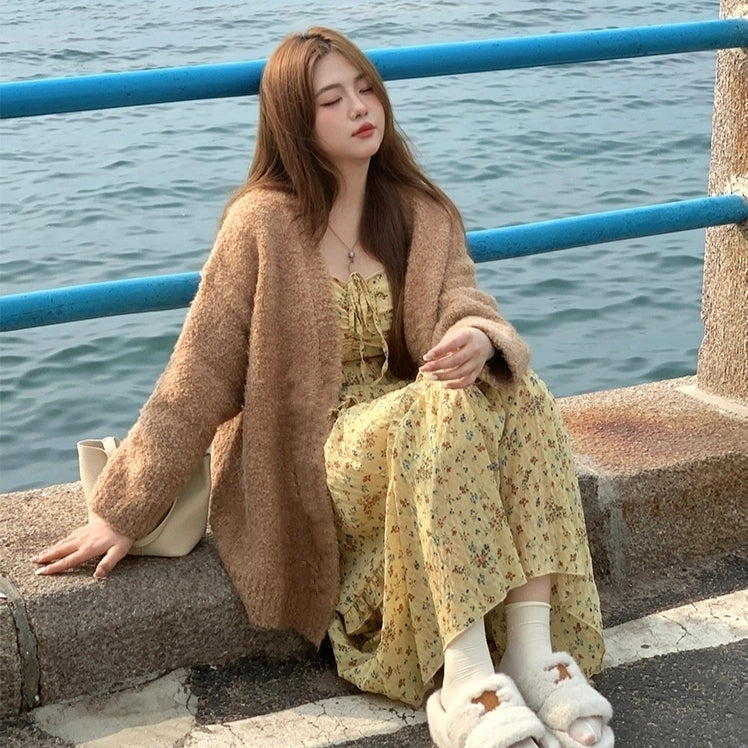 Brown coat & floral yellow dress seaside style fall outfit LL-618