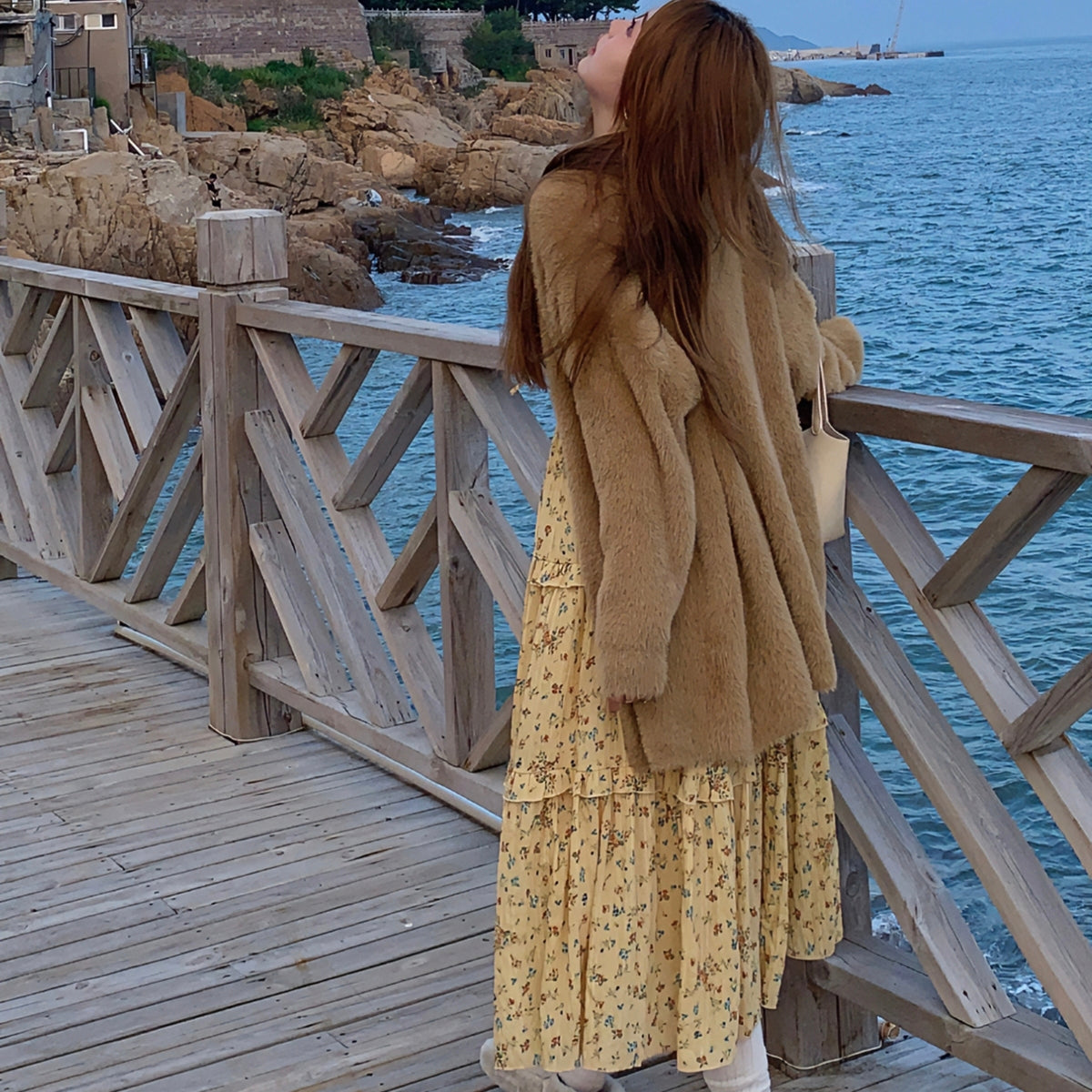 Brown coat & floral yellow dress seaside style fall outfit LL-618