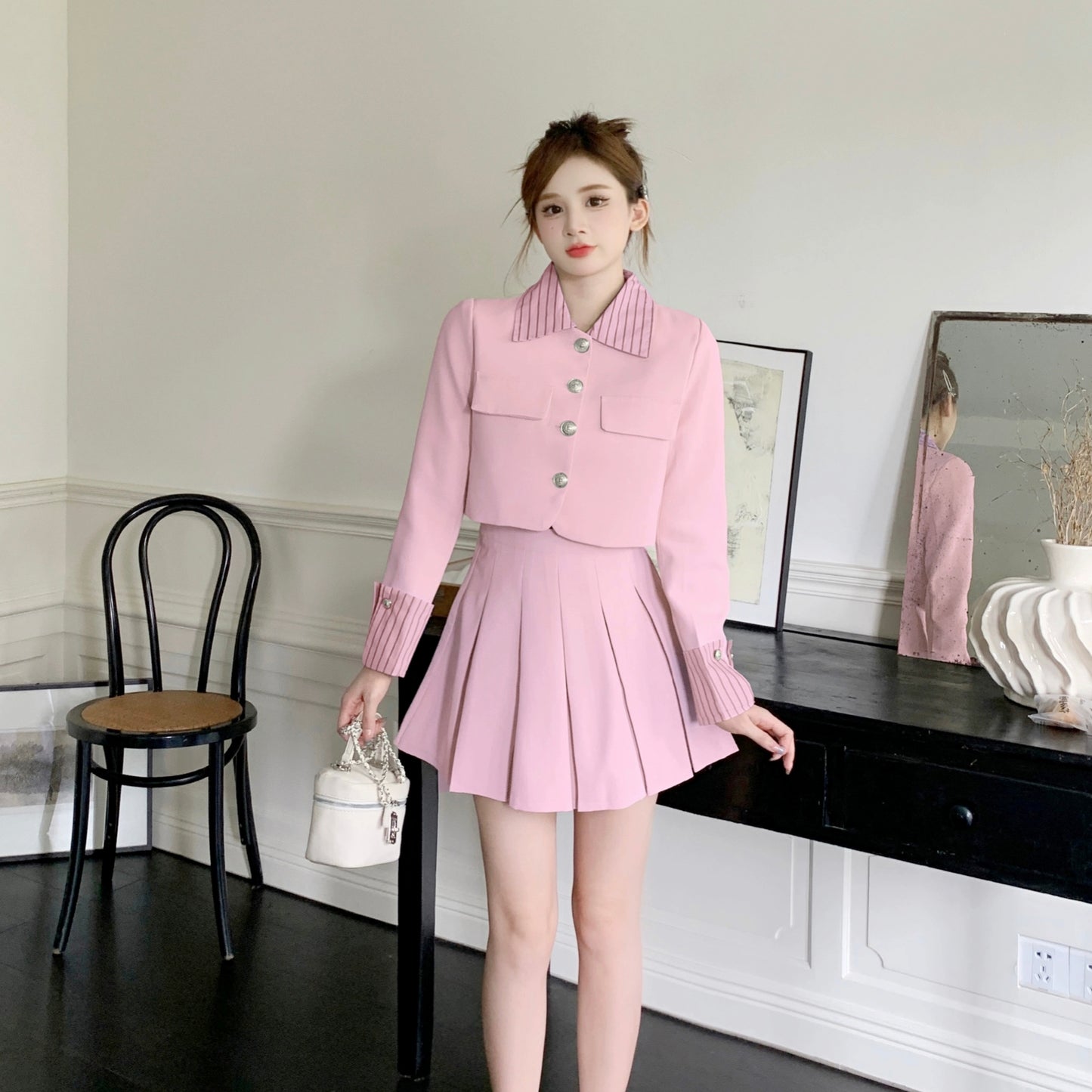 School style fall suit three colors pink black white two piece set cute LL-633