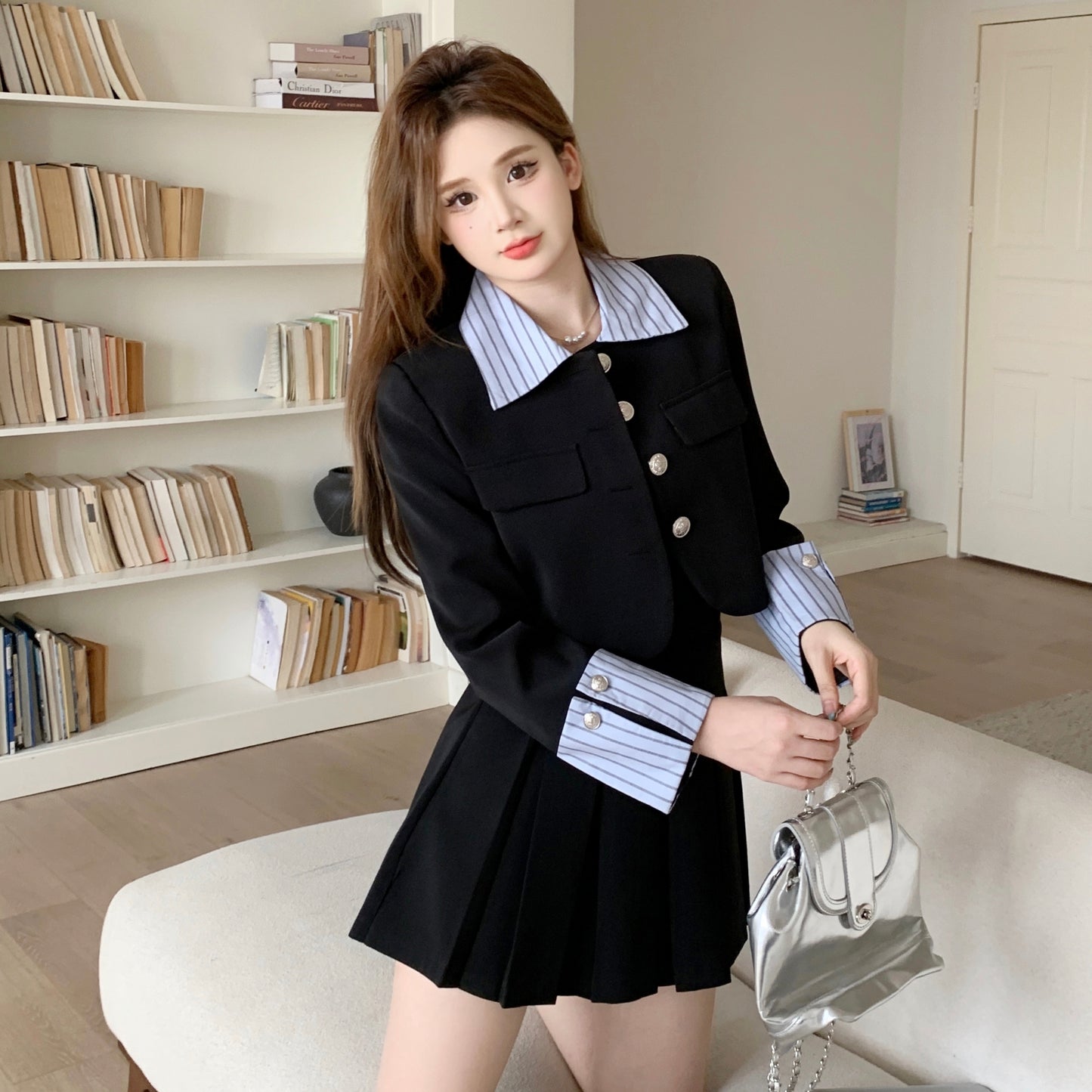 School style fall suit three colors pink black white two piece set cute LL-633