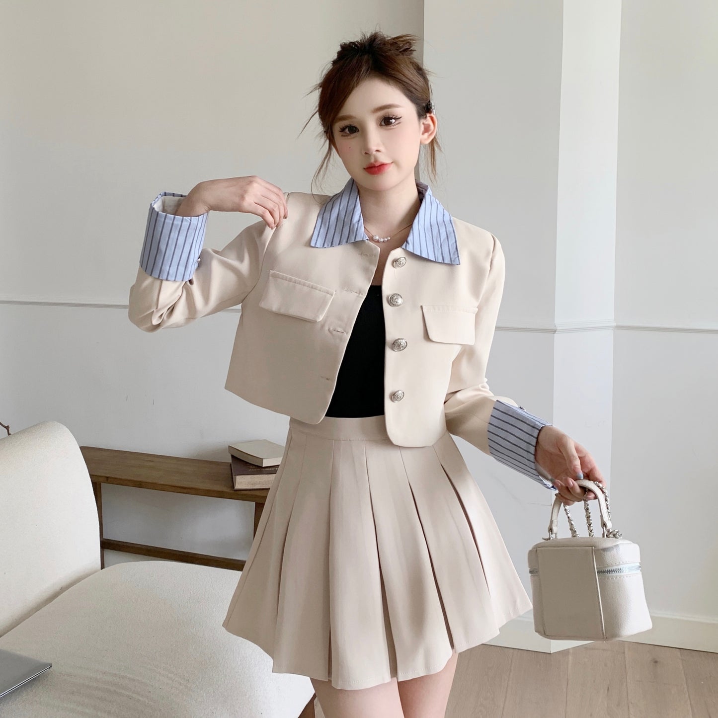 School style fall suit three colors pink black white two piece set cute LL-633