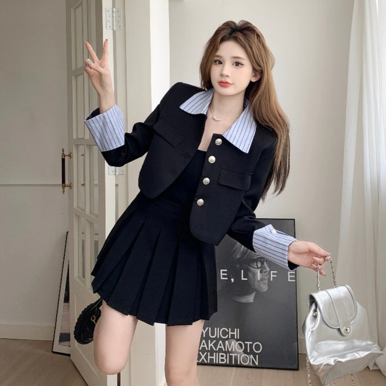 School style fall suit three colors pink black white two piece set cute LL-633