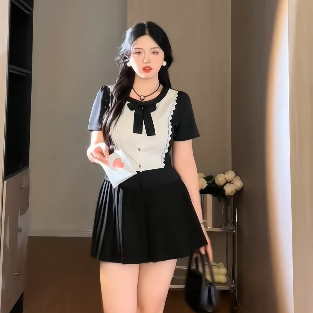 Black tie white lace stitching shirt skirt cute school style LL-635