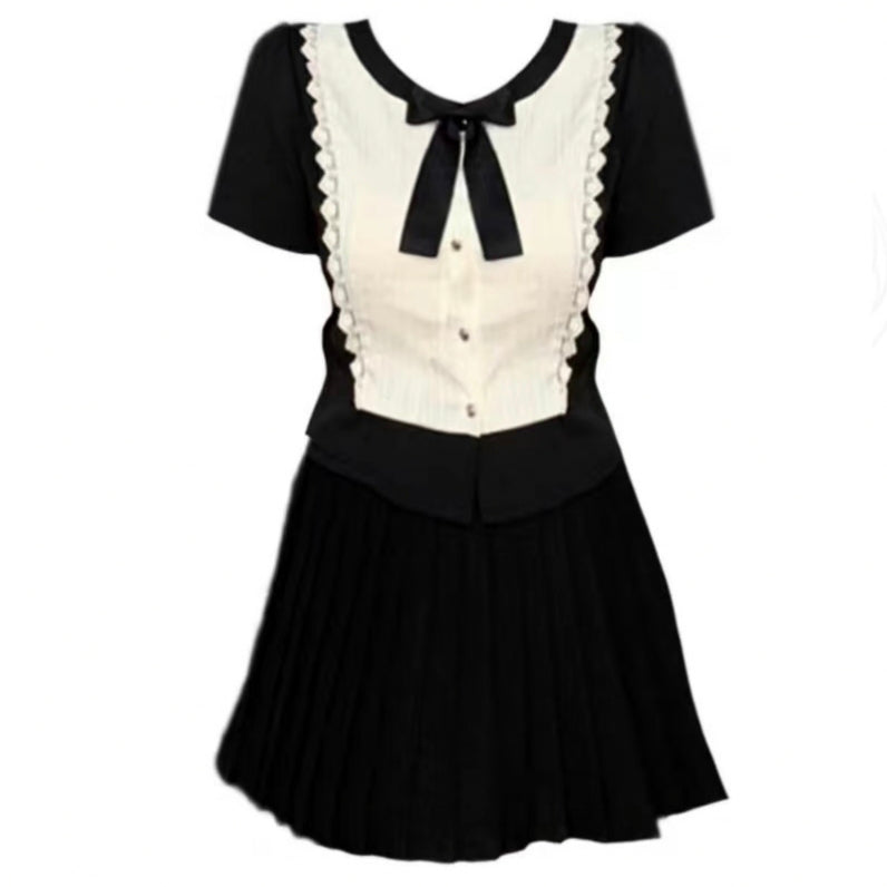 Black tie white lace stitching shirt skirt cute school style LL-635