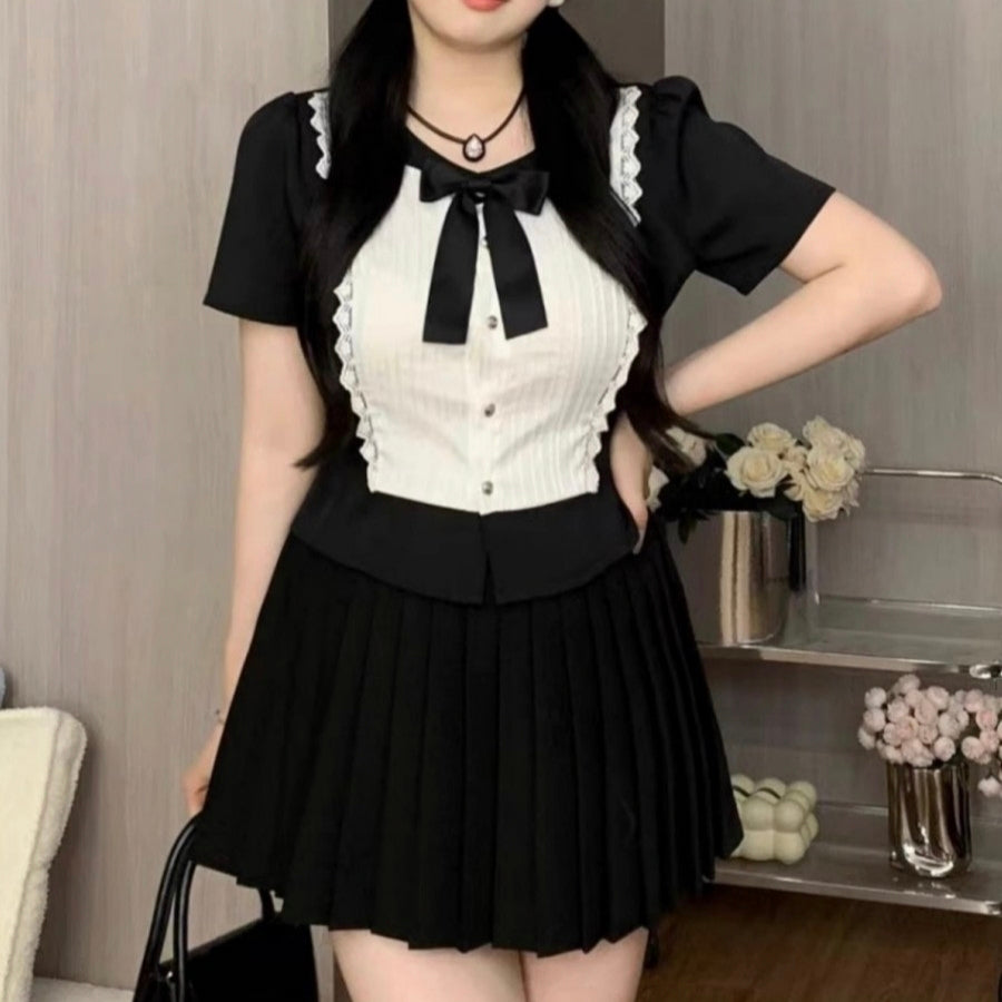 Black tie white lace stitching shirt skirt cute school style LL-635