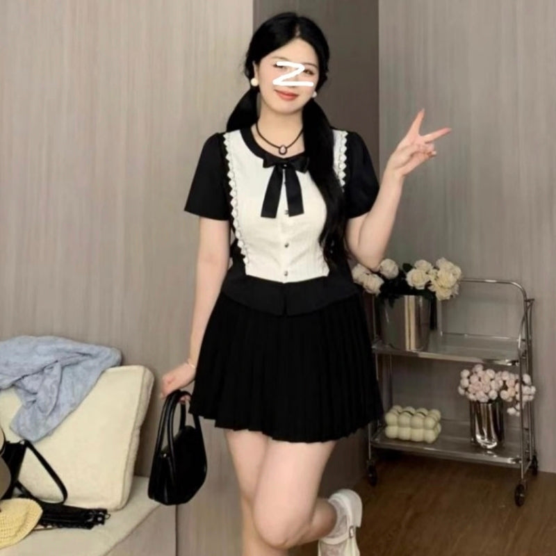 Black tie white lace stitching shirt skirt cute school style LL-635