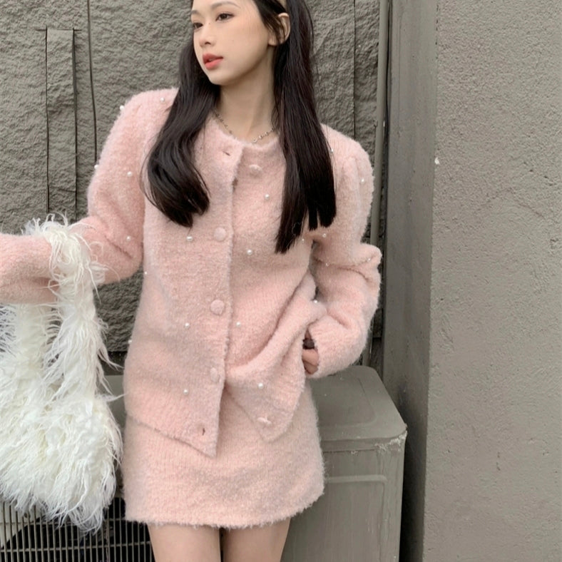 Cute pink autumn suit warm sweater skirt suit LL-636