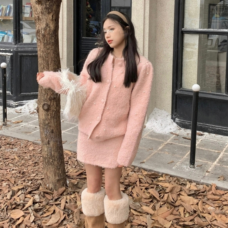 Cute pink autumn suit warm sweater skirt suit LL-636