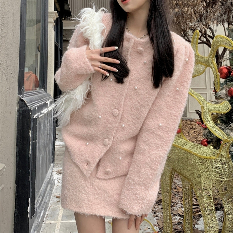 Cute pink autumn suit warm sweater skirt suit LL-636