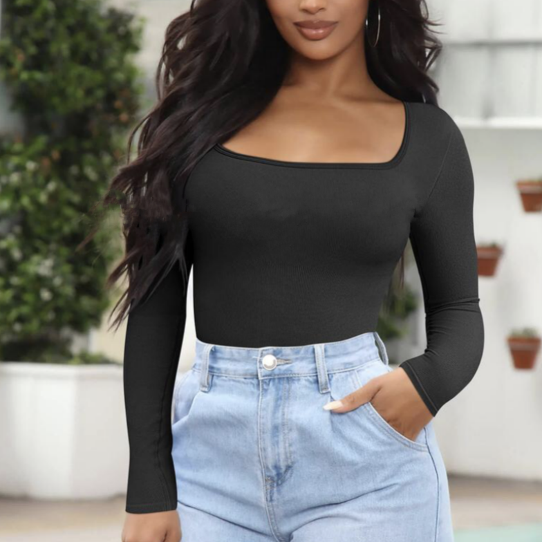 Bodysuit sexy ribbed one piece square neck long sleeve LL-659