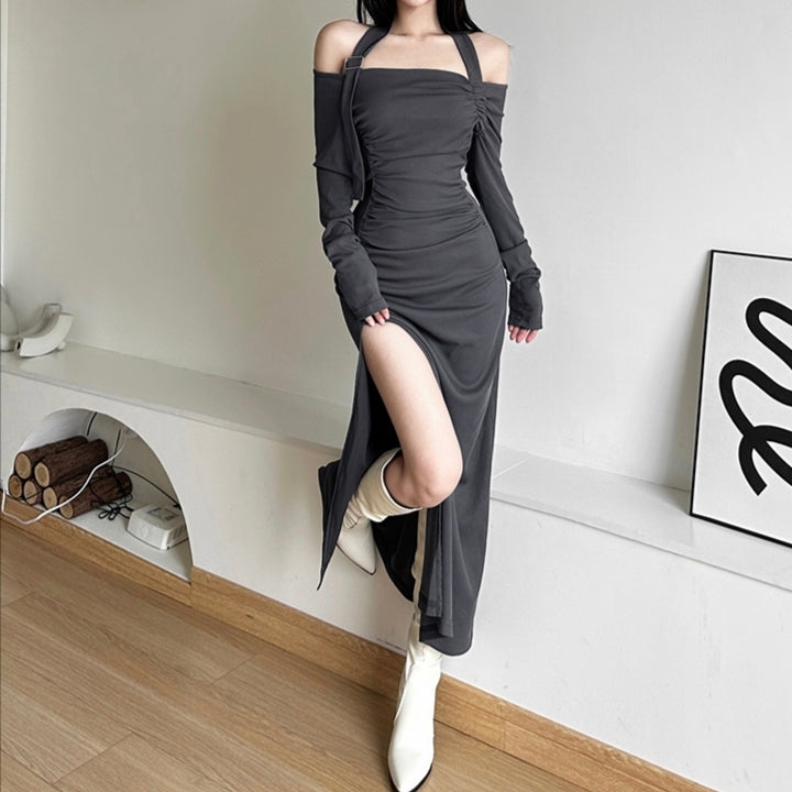 Slim dress white black sexy style long sleeve long dress