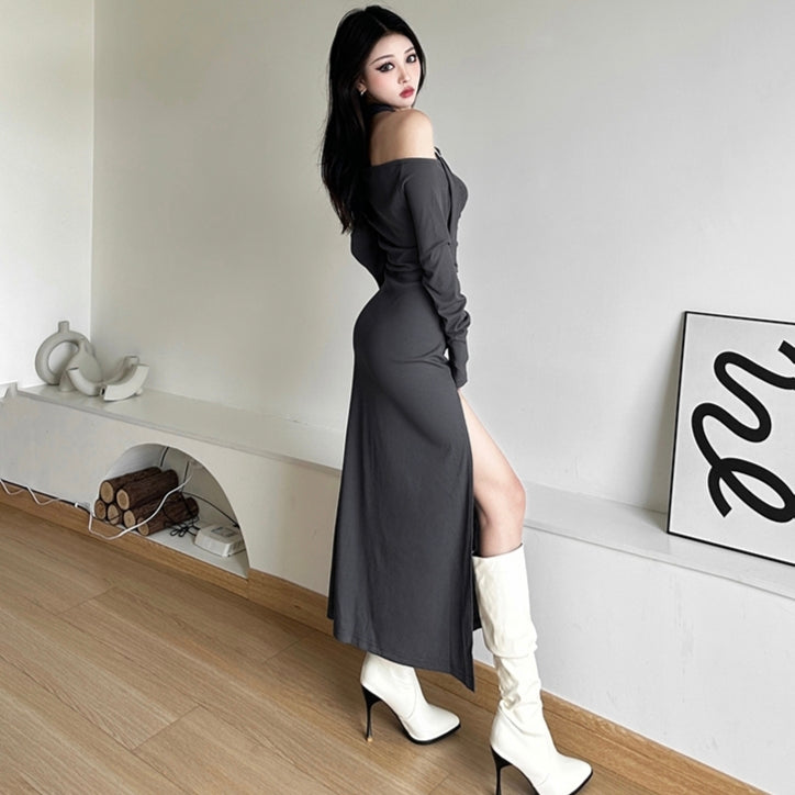 Slim dress white black sexy style long sleeve long dress