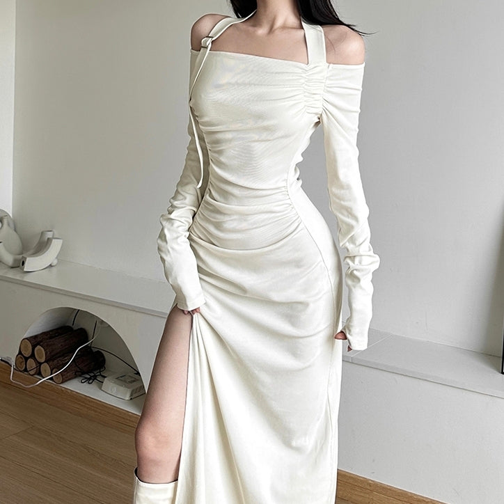 Slim dress white black sexy style long sleeve long dress