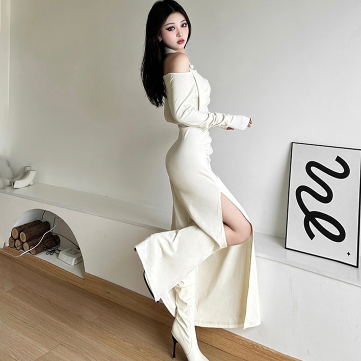 Slim dress white black sexy style long sleeve long dress