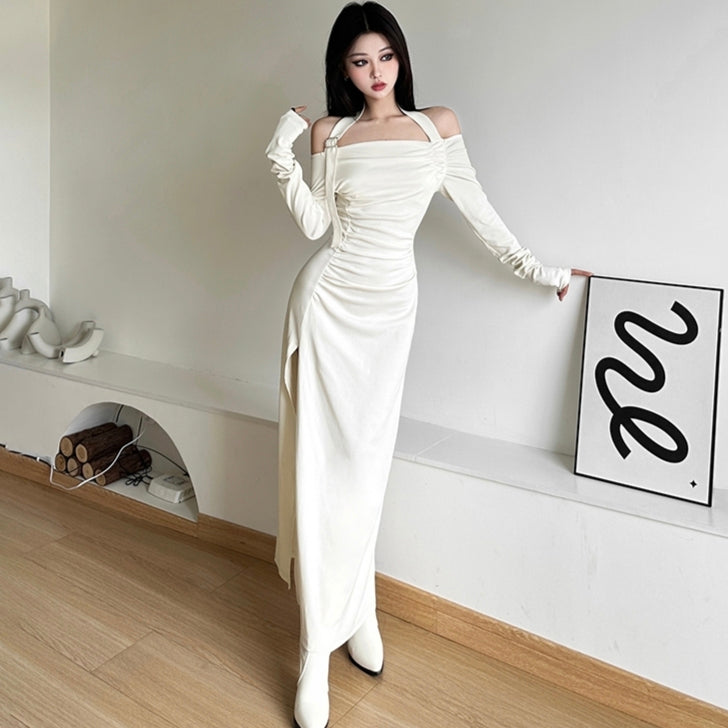 Slim dress white black sexy style long sleeve long dress