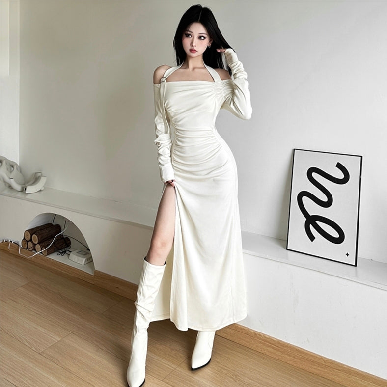 Slim dress white black sexy style long sleeve long dress