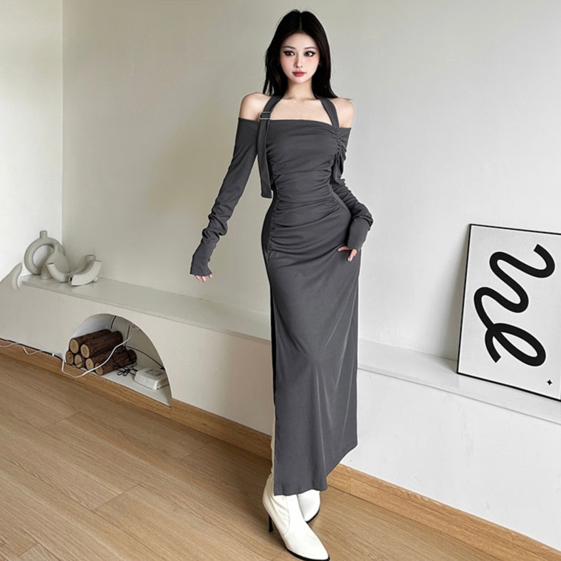 Slim dress white black sexy style long sleeve long dress