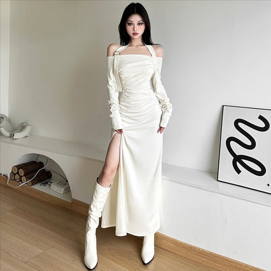 Slim dress white black sexy style long sleeve long dress