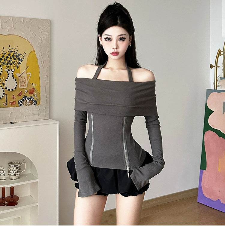 Pure desire, temperament, sexy long-sleeved T-shirt, female design, zipper, waist, suit LL-671